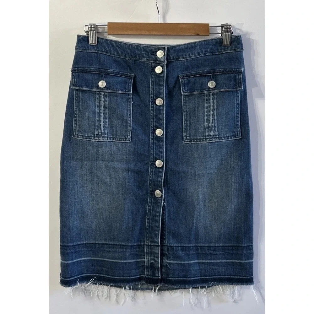 Abercrombie & Fitch Y2K Button Front Denim Skirt Women's Blue Soft Frayed Hem 29